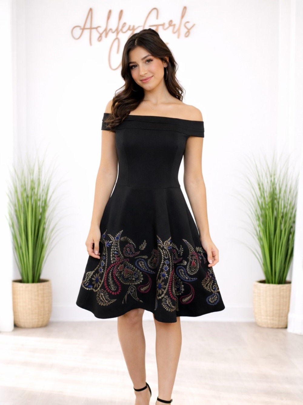 Ted Baker off shoulder Fit & Flare Dress with Multicolor Embroidery